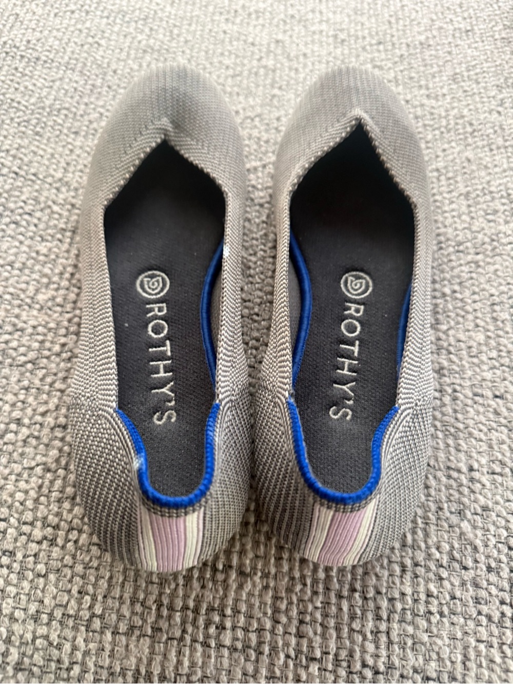 Rothy's Gray Knit Ballet Flats with Blue Trim and Pink Stripe